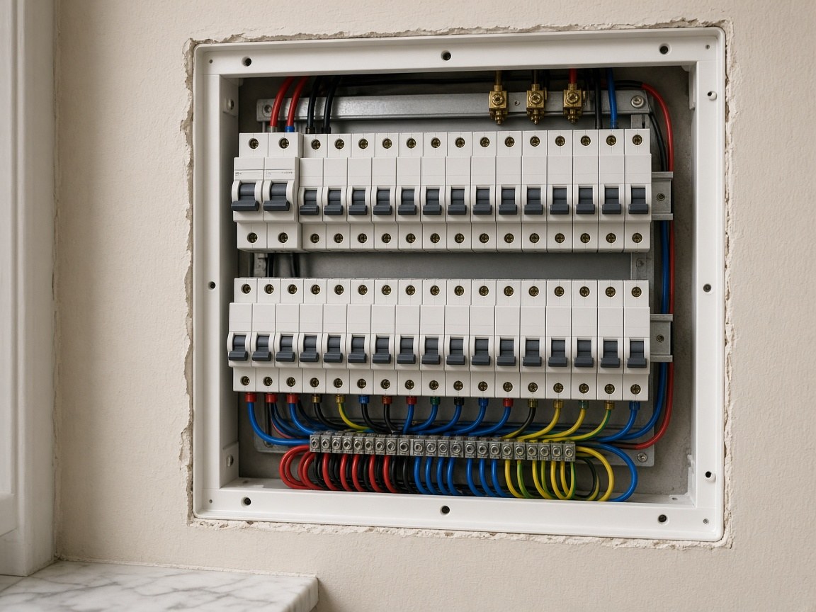 Open consumer unit with labelled breakers during a Modiin Spark board survey